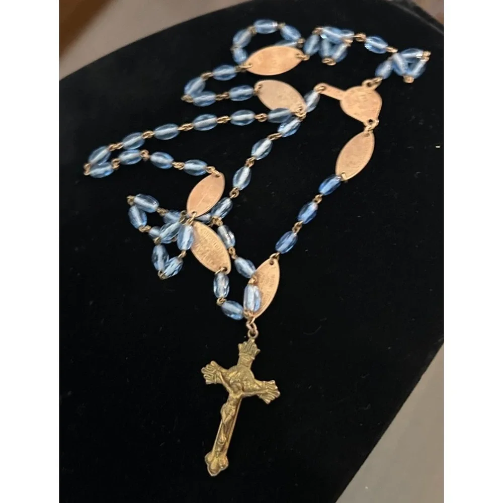 Blue Glass Beads Rosary Crucifix / Mother Mary/Sacred Heart Seven Sorrows‎
